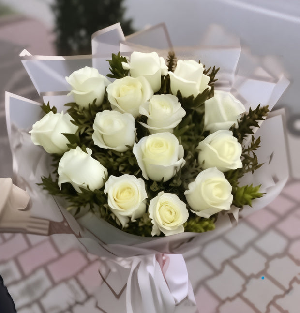 Mint Cloud Bouquet – Green & Off-White Roses in White Wrap