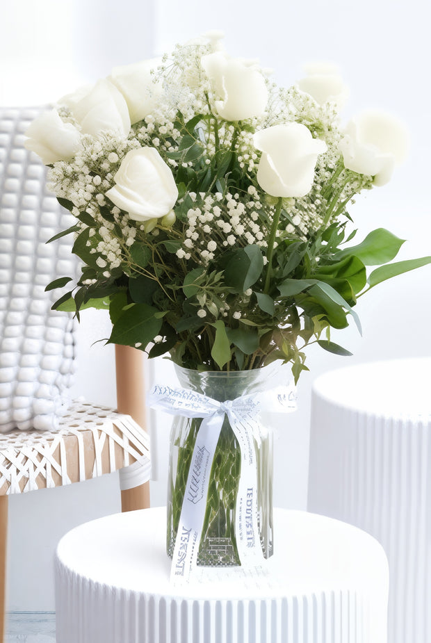 Emerald Whisper Pearl Bouquet – White Roses & Lush Green Elegance”